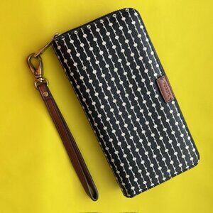 Fossil Keyper Coated Canvas Wristlet Wallet, Navy, Cream, Brown